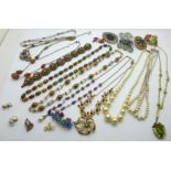 A collection of vintage costume jewellery including filigree, diamante, agate, pearl necklaces, etc.