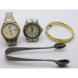 A Seiko quartz wristwatch and a Sekonda quartz wristwatch, a rolled gold bangle and plated sugar