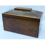 A 19th Century yew wood two compartment tea caddy, internal lids a/f, 23cm
