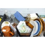 Two four section liqueur decanters, one other glass decanter, two amber coloured glass bowls, two