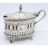 A late Victorian silver mustard pot with cranberry glass liner, Sheffield 1896, Walker & Hall, 79g