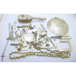 A collection of mother of pearl including a necklace, two brooches, a silver bladed knife, a/f,