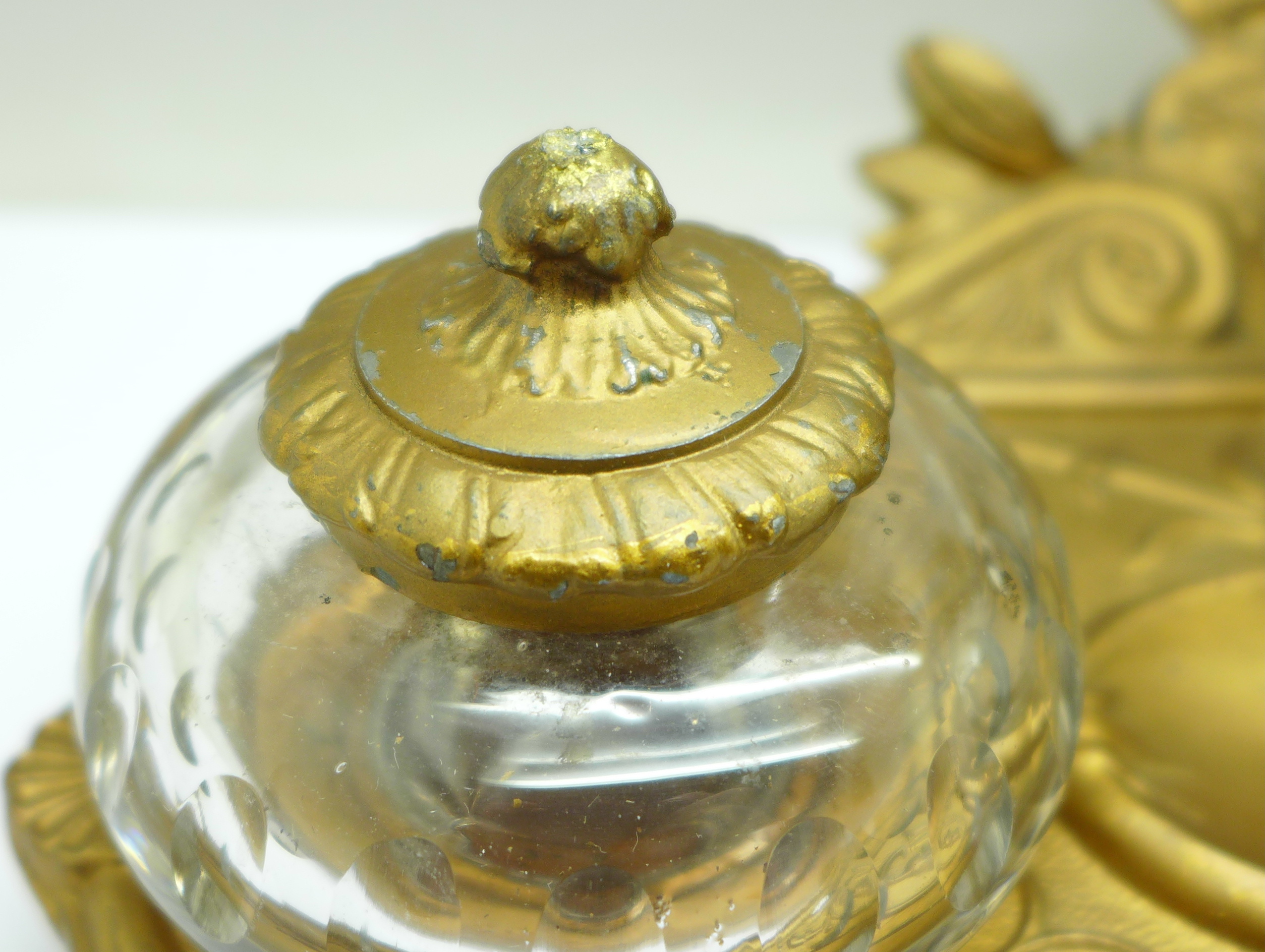 A c.1900 metal inkstand with two glass inkwells, one top a/f, mounted with a bust marked Cornelle - Image 4 of 5