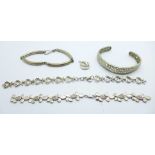 Three silver bracelets and a silver bangle, two bracelets a/f, 48g