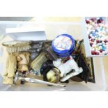 A box of assorted items including three chinese figures, plated ware, advertising tins, loose