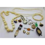 Three gilt metal seals, ivory necklace, silver Lanco watch, etc., (part agate bracelet)