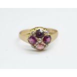 A Victorian 15ct gold, garnet and pearl cluster ring, Birmingham 1869, 1.6g, N