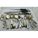 Military issue cutlery and a three piece antler handled carving set