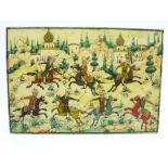 An Eastern hand decorated plaque depicting a polo match, 118mm x 82mm
