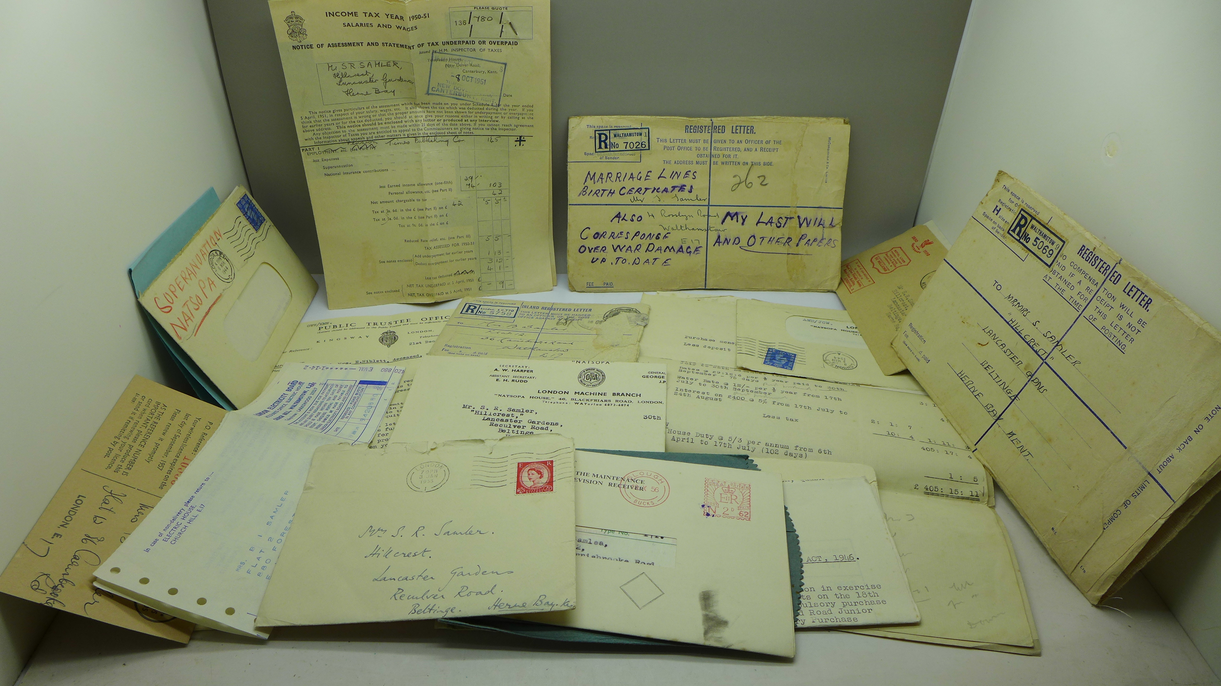 A collection of ephemera, mainly mid 20th Century, receipts including undertakers and a last