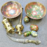 An Eastern dagger, two similar bowls, incense burners and four decorative eggs