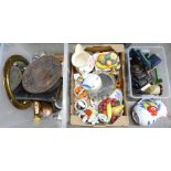 Three boxes of metalwares, treen, china, two large jugs, a circular mirror, etc.**PLEASE NOTE THIS