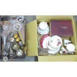 Two boxes of mixed china and glass including etched and lead crystal, plated ware, brassware and