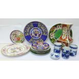 Oriental pottery including three blue and white pots and dish, (two signed on the base) and a
