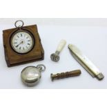 A plated sovereign case, pocket knife with silver blade and mother of pearl handle, mother of