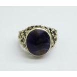 A 1960's bold pierced work Blue John ring set in silver, M