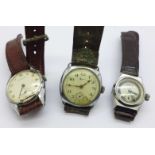 Three wristwatches; Federal, hand loose, Laco-Sport and one other, a/f