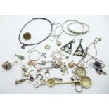 Silver jewellery, 37g, a silver mounted lace necklace with pendant, other jewellery, etc., (some
