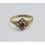 A Victorian 12ct gold, amethyst and pearl ring, Birmingham 1871, 1.5g, P