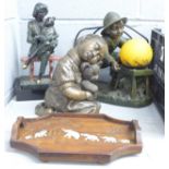 A figural table lamp, two other figures and a tray decorated with elephants **PLEASE NOTE THIS LOT