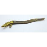 A brass and horn letter opener in the form of a salamander, with jade eyes, horn a/f