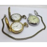Two quartz pocket watches with hunting scenes, a Services stop watch, a/f, and a chain