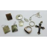 A pair of silver earrings and a matching ring, K/L, other silver jewellery including a cross, two