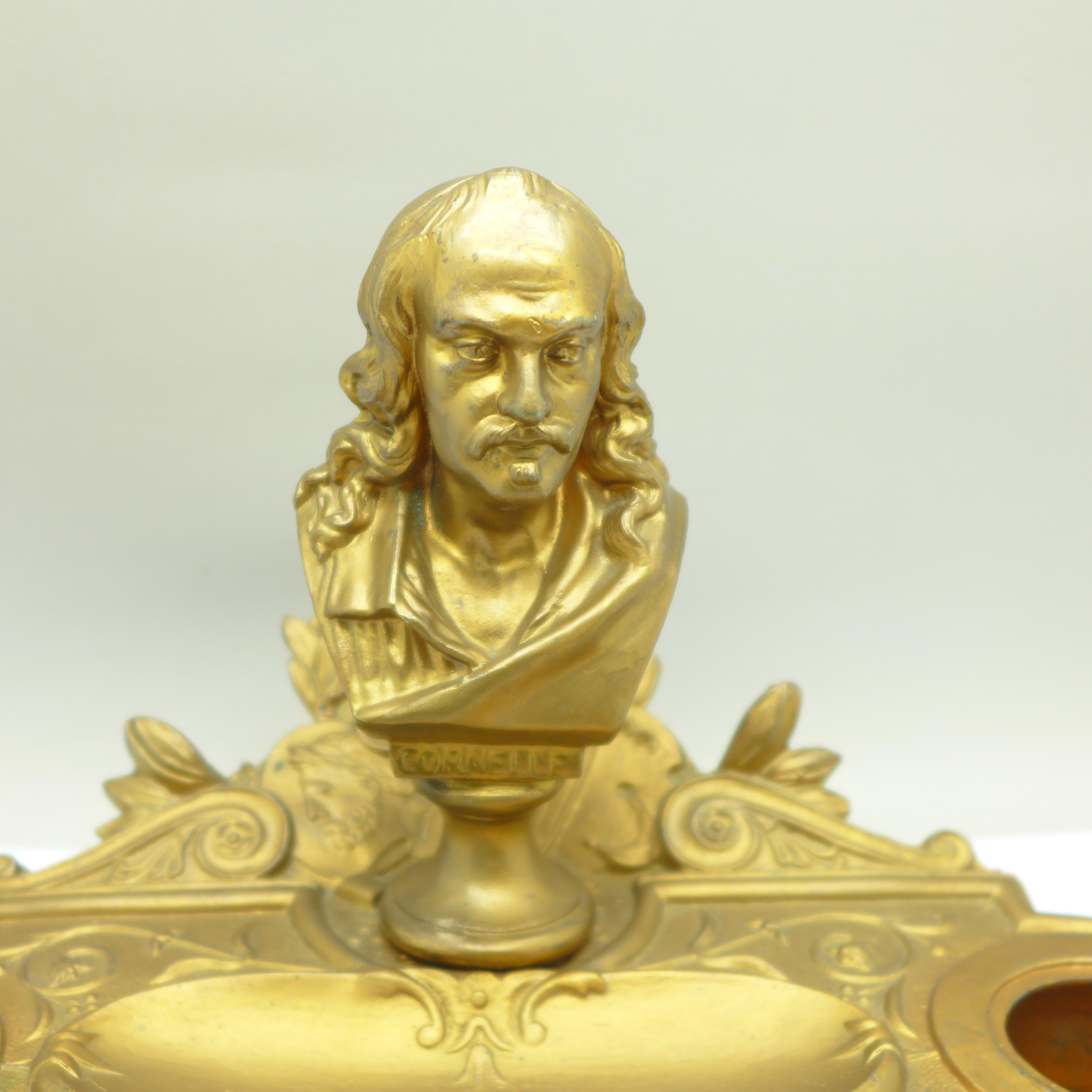 A c.1900 metal inkstand with two glass inkwells, one top a/f, mounted with a bust marked Cornelle - Image 3 of 5