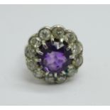 A platinum, amethyst and diamond cluster ring, marked 'plat', 5.8g, M, ring top 15mm