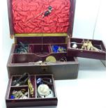 A Victorian leather covered jewellery box and costume jewellery