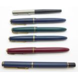 Six Parker fountain pens including four with 14ct gold nibs