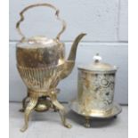 A plated kettle on stand missing finial and a plated Viners biscuit barrel