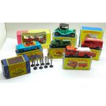 Nine Matchbox models; Series no.4 Road Signs, no.71 Army Water Truck, Series numbers 7, 29, 57 and