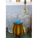 A glass table lamp base and two glass vases, a/f