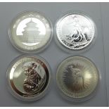 Four silver coins, each 1oz. .999 fine silver; 2019 Britannia £2 coin, 2014 10 yuan Panda coin, 2019