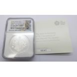 A 2018 GB £5 Sapphire Coronation silver proof Piedfort coin, 56.56g, graded PF70 Ultra Cameo,