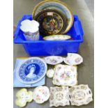 A pair of Wedgwood deep red ground and gold plates, a Meissen cabinet plate, a Coalport planter, a