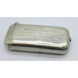 A late Victorian silver vesta case/sovereign holder, a/f, with inscription dated 1900