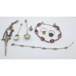 Two silver salt spoons, two rings, a part chatelaine, a silver bracelet, fastener requires repair, a