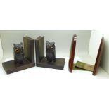 Two pairs of bookends including carved owls with glass eyes, chip to ear