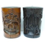Two Chinese carved bamboo brush pots, one stained, 20cm