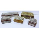 Five inlaid boxes including mother of pearl set