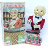 A Japanese Rosko tin-plate Battery Powered Bartender with revolving eyes, boxed