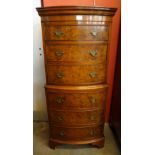 A George III style burr walnut bow front chest on chest, 133cms h, 58cms w, 41cms d