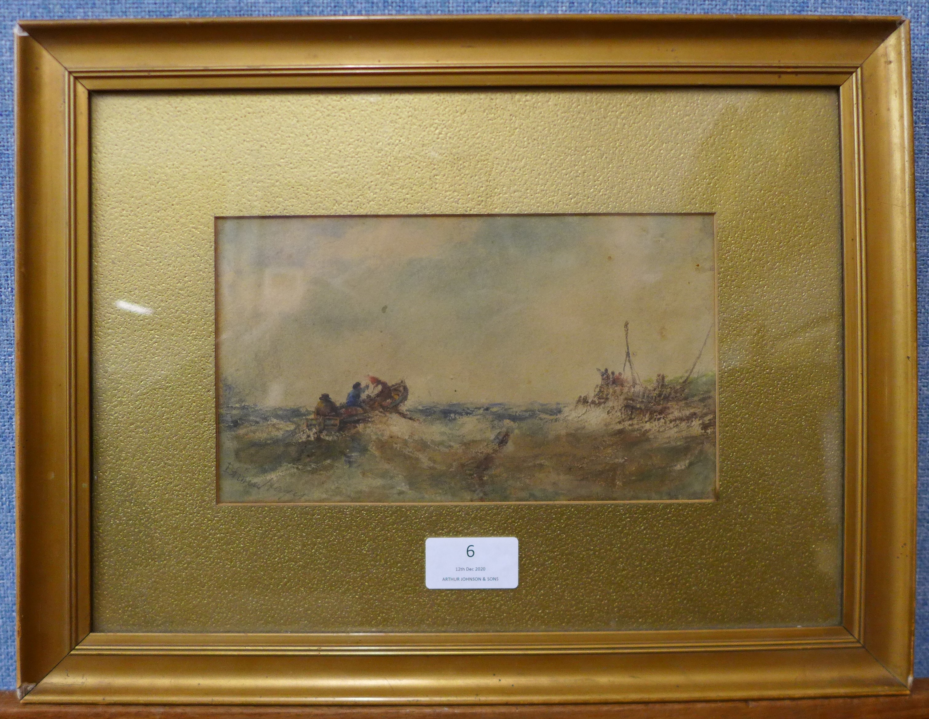 Edwin Hayes (1819-1904), boats in stormy seas, watercolour, 12 x 21cms, framed - Image 2 of 3