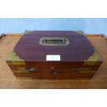 A 19th Century mahogany and brass mounted military campaign cigarette/cigar box, 10cms h, 27cms w,