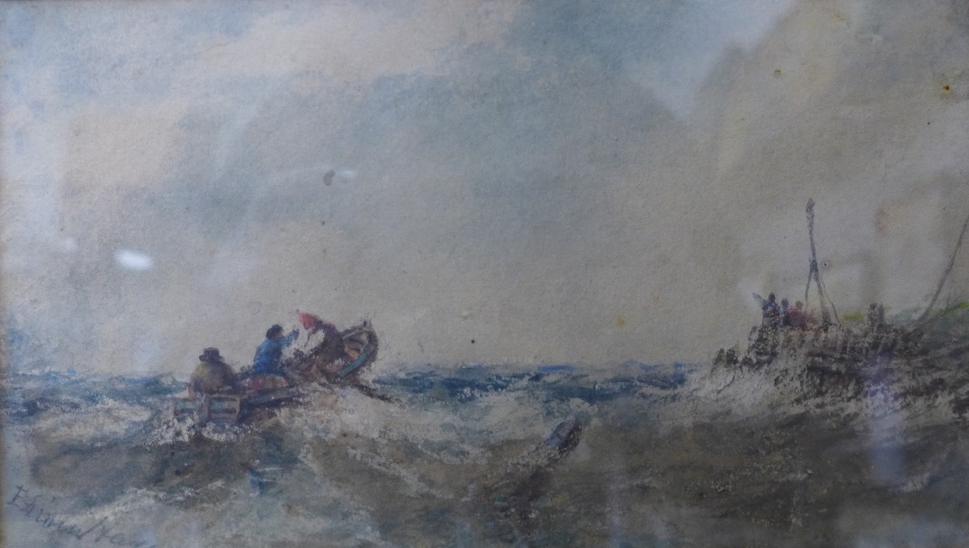 Edwin Hayes (1819-1904), boats in stormy seas, watercolour, 12 x 21cms, framed