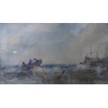 Edwin Hayes (1819-1904), boats in stormy seas, watercolour, 12 x 21cms, framed