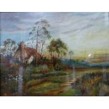 W. Read, pair of rural lansdcapes by a cottage and figures by a church , oil on board, 39 x 50cms,