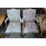 A pair of 1930's carved mahogany and upholstered Gainsborough style open armchairs